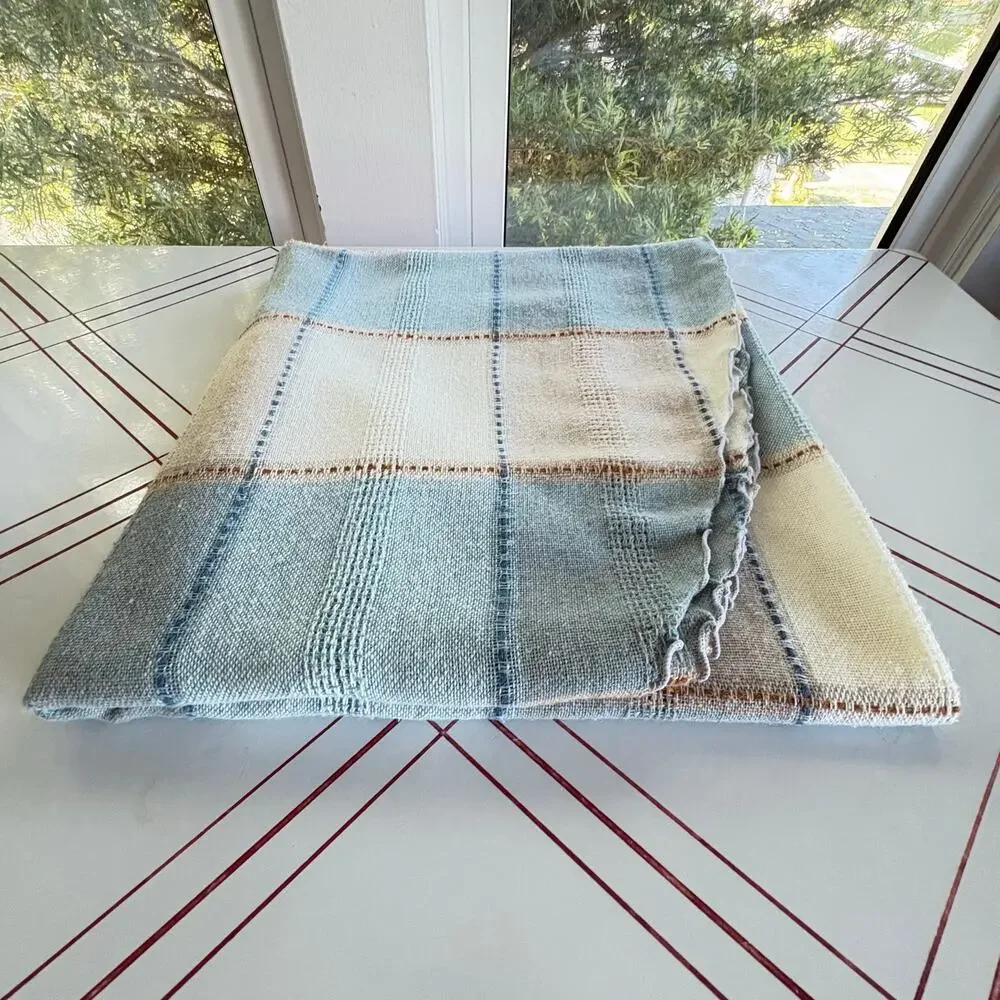 Vintage Blue Cream Plaid Round Tablecloth 64 Inch